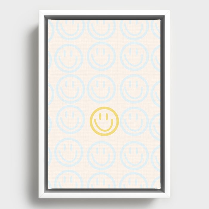 Preppy Smiley Face - Blue and Yellow Framed Canvas