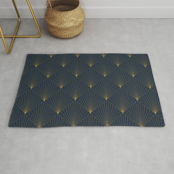 Blue Gold Art Deco Pattern Geometric Rug