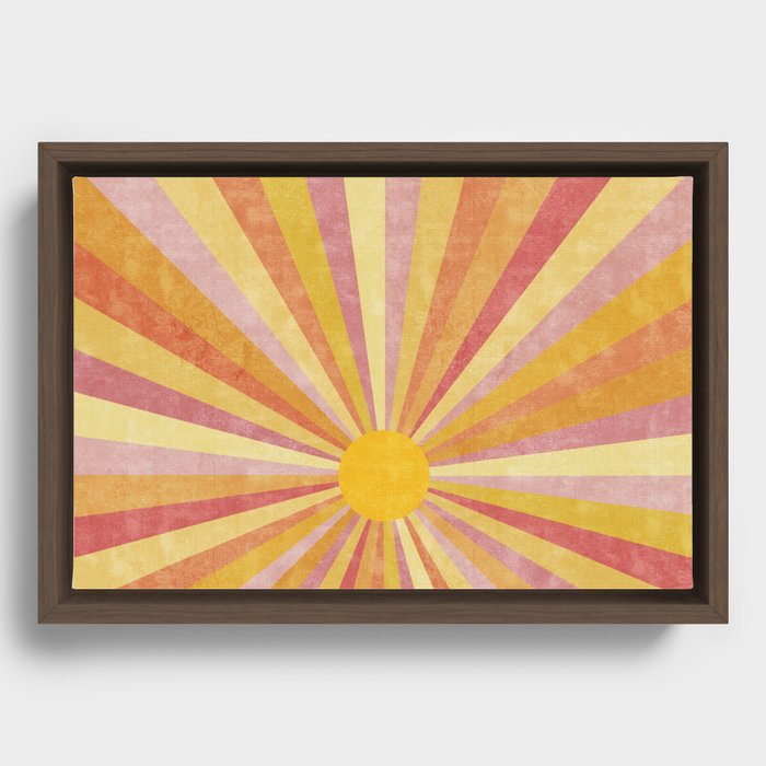 Shine On | Boho Sun Ray Design | Yellow and Pink Sunshine Illustration Framed Canvas
