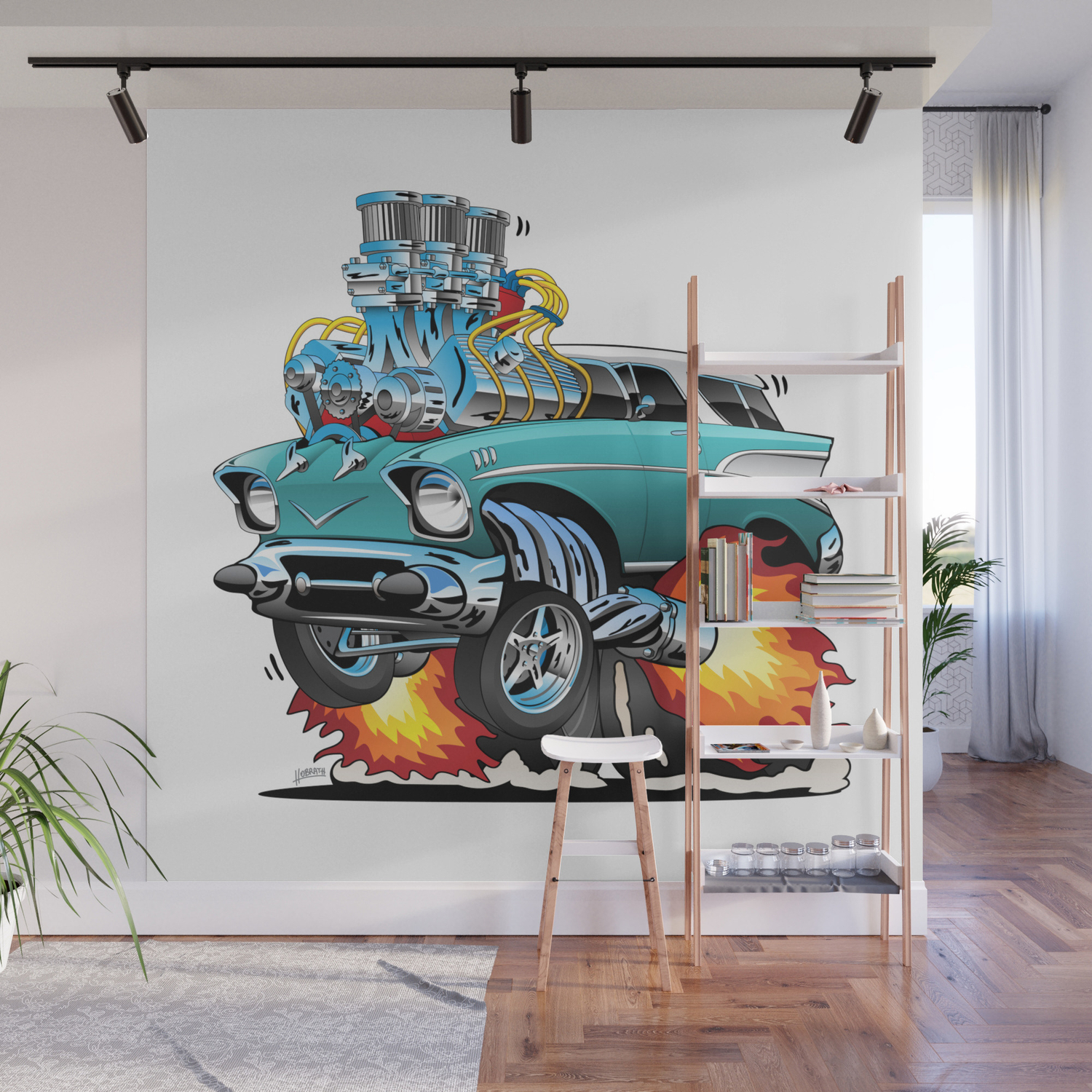 Classic Fifties Hot Rod Muscle Car Cartoon Wall Mural By Hobrath