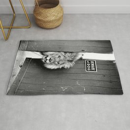 Beware of Dog black and white photograph of attack lion humorous black and white photography Rug