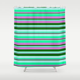 [ Thumbnail: Turquoise, Green, Orchid & Dark Green Colored Striped/Lined Pattern Shower Curtain ]