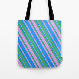 [ Thumbnail: Blue, Sea Green, and Plum Colored Pattern of Stripes Tote Bag ]
