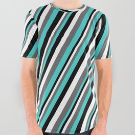[ Thumbnail: White, Dim Gray, Turquoise, and Black Colored Lined Pattern All Over Graphic Tee ]