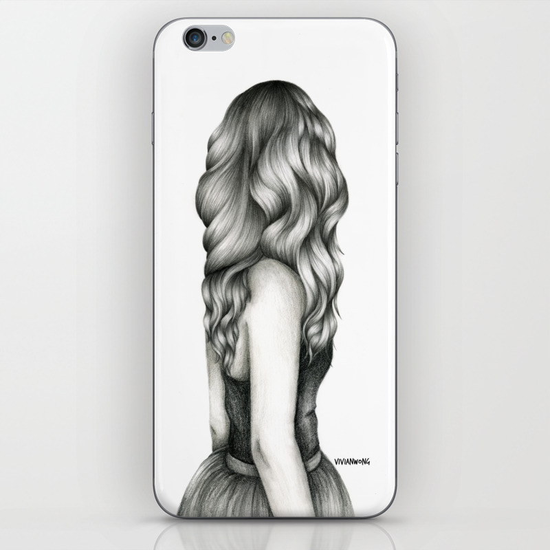 Black White Pencil Sketch Wavy Hair Girl Iphone Skin By