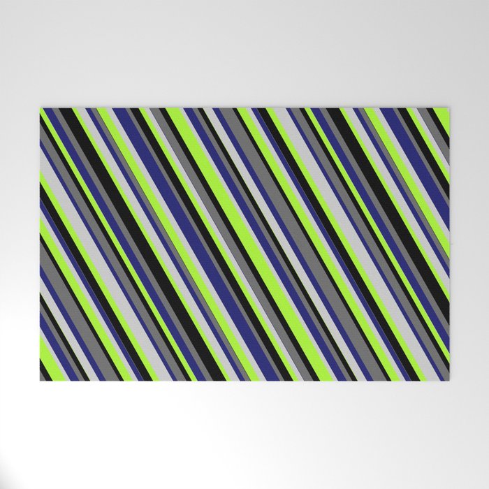 Colorful Midnight Blue, Light Gray, Light Green, Black, and Dim Grey Colored Stripes/Lines Pattern Welcome Mat