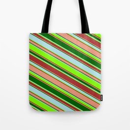 [ Thumbnail: Vibrant Powder Blue, Chartreuse, Brown, Dark Salmon & Dark Green Colored Lined/Striped Pattern Tote Bag ]