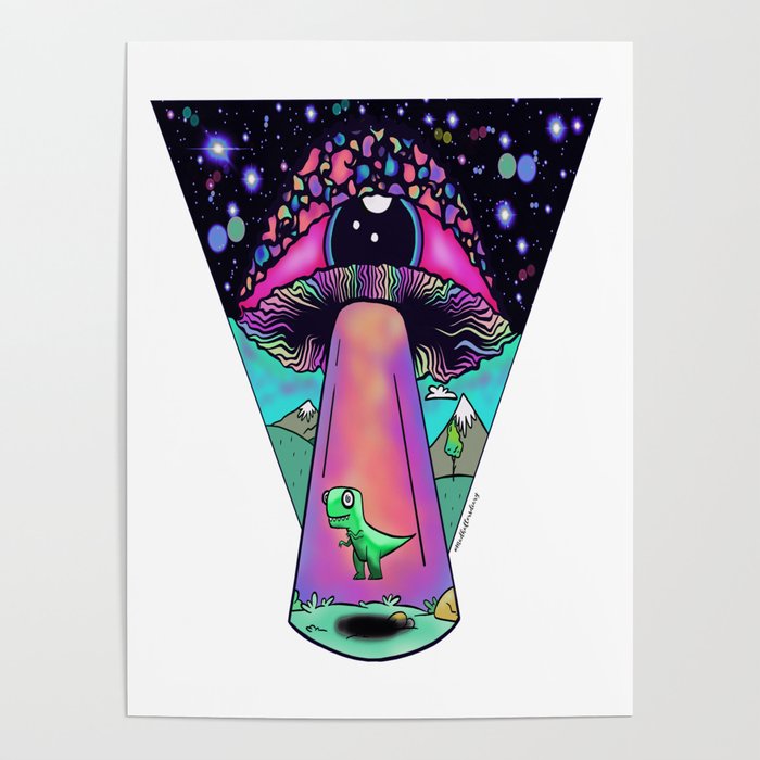 Mushroom Eyeball Alien Spaceship Dinosaur Abduction Poster