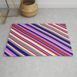 [ Thumbnail: Vibrant Orchid, Red, Beige, Grey, and Blue Colored Lines/Stripes Pattern Rug ]