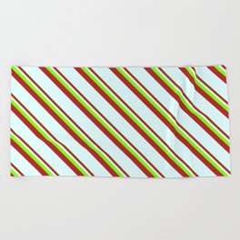 [ Thumbnail: Chartreuse, Red & Light Cyan Colored Lined/Striped Pattern Beach Towel ]