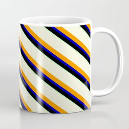 [ Thumbnail: Vibrant Beige, Dark Orange, Blue, Black & Green Colored Stripes Pattern Coffee Mug ]