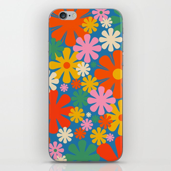 Colorful Flowers Retro 60s Aesthetic Floral Pattern on Blue iPhone Skin