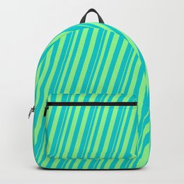 [ Thumbnail: Green & Dark Turquoise Colored Stripes Pattern Backpack ]