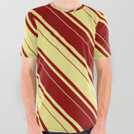 [ Thumbnail: Dark Red & Tan Colored Pattern of Stripes All Over Graphic Tee ]