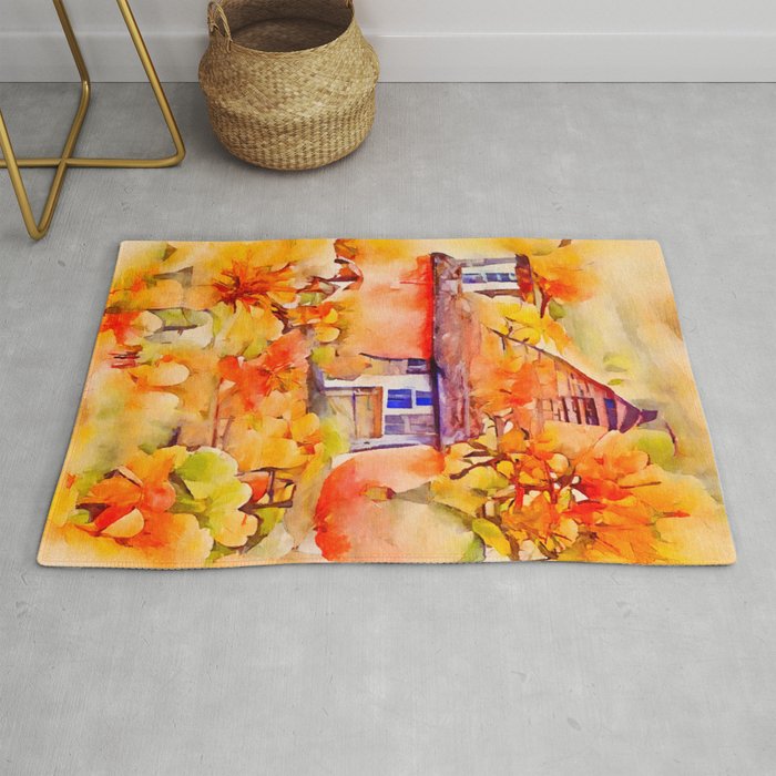 AUTUMN COTTAGE Whimsical Rustic Fall Season Pumpkin Country House Watercolor Painting Rug