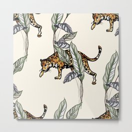 Seamless Pattern Leopard Animal Wildlife in Jungle Forest Tropical Leaves Tropics Illustration Art Exotic Leaves on Pink Background Metal Print