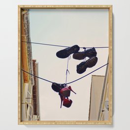 Red heels hanging from telephone wire in a street of Marseille, France | Shoe tossing Serving Tray