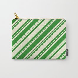 [ Thumbnail: Forest Green and Beige Colored Lined/Striped Pattern Carry-All Pouch ]