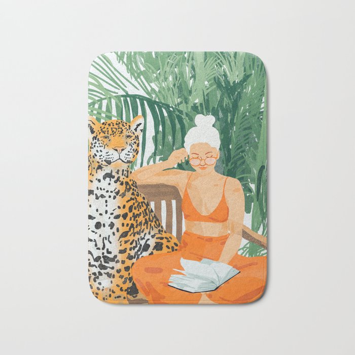 Jungle Vacay | Modern Bohemian Blonde Woman Tropical Travel | Leopard Wildlife Forest Reader Bath Mat