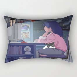 Retro Anime Girl on Computer with Cat Rectangular Pillow