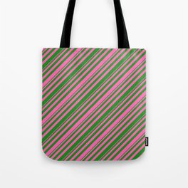 [ Thumbnail: Hot Pink and Forest Green Colored Stripes Pattern Tote Bag ]