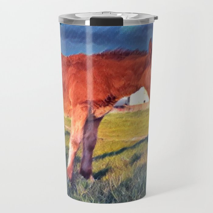 Colorful summer Brown horse foal pasture in the countryside at golden hour Travel Mug