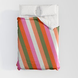 [ Thumbnail: Eyecatching Red, Dark Olive Green, Coral, Mint Cream & Hot Pink Colored Stripes Pattern Duvet Cover ]