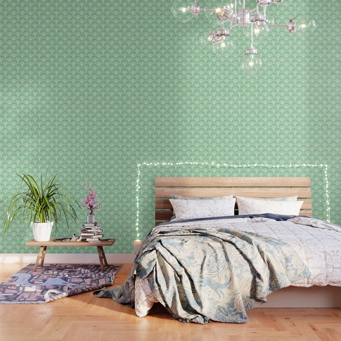 Lime Green and Blue Shell Art Deco Pattern Wallpaper