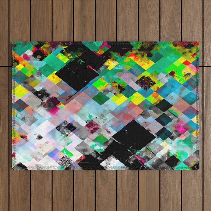 green geometric pixel square pattern abstract art background Outdoor Rug