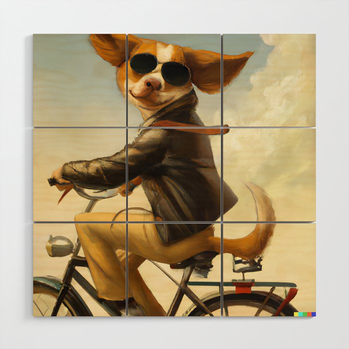 Anthropomorphic dog riding a bicycle Wood Wall Art