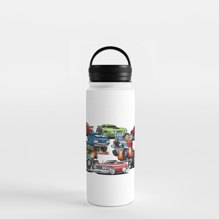 Car Madness! Muscle Cars and Hot Rods Cartoon Water Bottle by hobrath