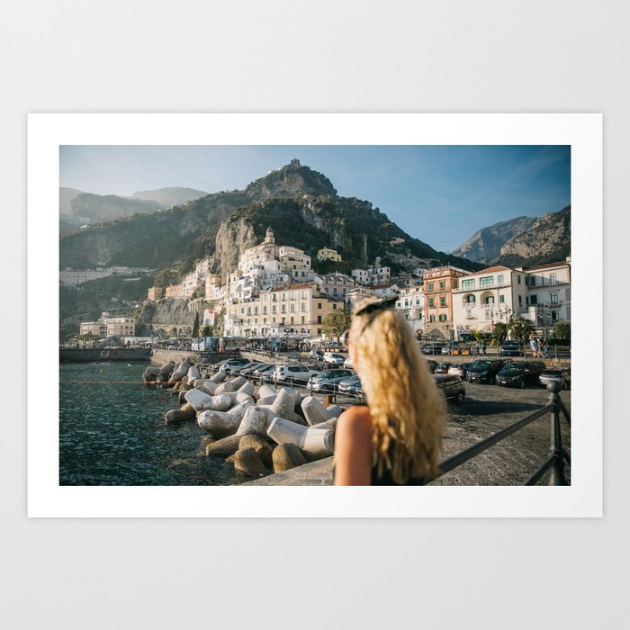 Girl Looking Out at the town of Amalfi in Italy at Sunset Art Print