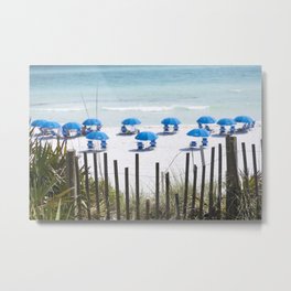 Seside Florida Beach Umbrellas x Florida Photography Metal Print | Seasideflorida, Digital, Gulfcoast, Blueumbrella, Color, Beachlandscape, Water, Oceanscape, Photo, Floridabeach 