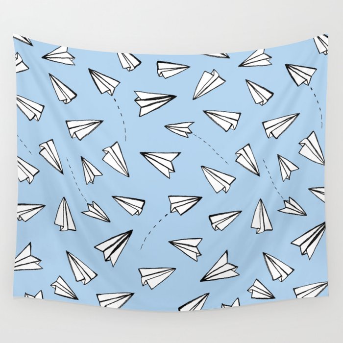 Paper Planes on Blue Wall Tapestry
