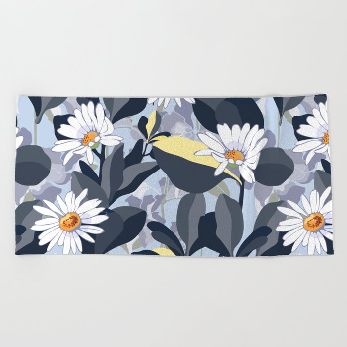 Navy Daisies With Leaves Beach Towel