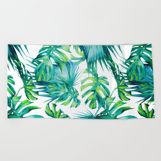 Blue Jungle Leaves, Monstera, Palm #society6 Beach Towel