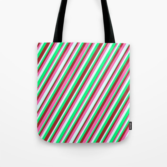 Green, Brown, Hot Pink & Light Cyan Colored Striped Pattern Tote Bag