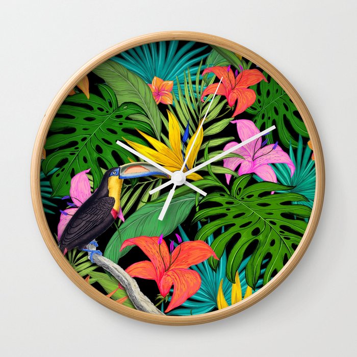 Toucan Hibiscus Floral Colorful Pattern Wall Clock