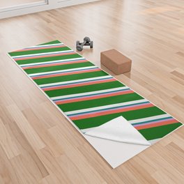 [ Thumbnail: Vibrant Red, Dark Green, White, Teal & Plum Colored Striped Pattern Yoga Towel ]