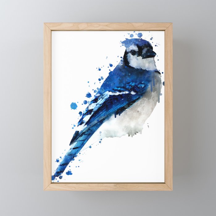 Watercolor blue jay bird Framed Mini Art Print