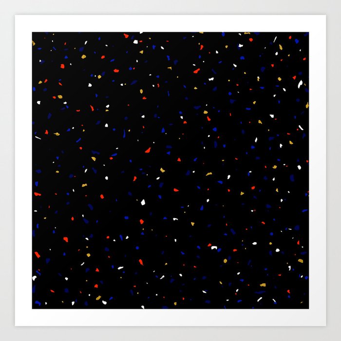 Terrazzo memphis jesmonite dark black and colors red blue white gold Art Print