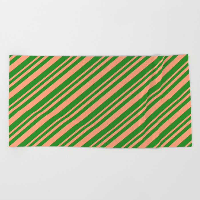 Light Salmon & Forest Green Colored Lined Pattern Beach Towel