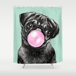 Bubble Gum Black Pug in Green Shower Curtain