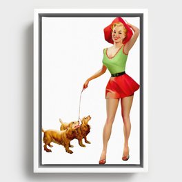 Sexy Blonde Pin Up With Green Dress Red Skirt And Two Dogs Framed Canvas