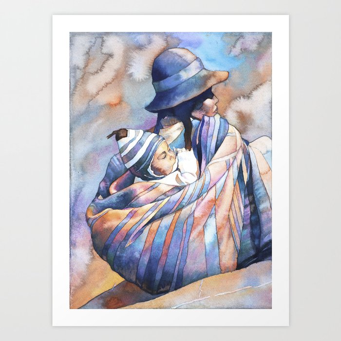 Watercolor painting of traditionally dressed Quechua woman in the Plaza de Armas- Cusco, Peru. Art Print