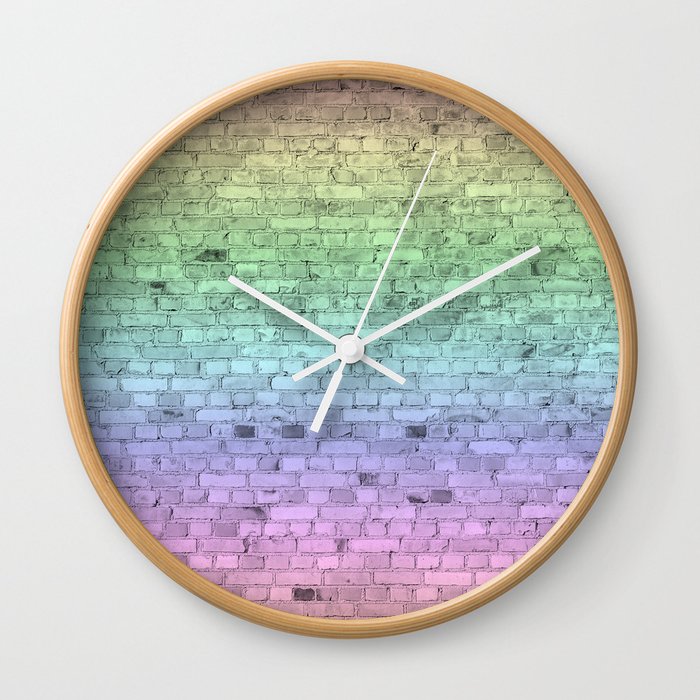 Light Pastel Ombre Shaded Rainbow Colors Brick Wall Wall Clock By