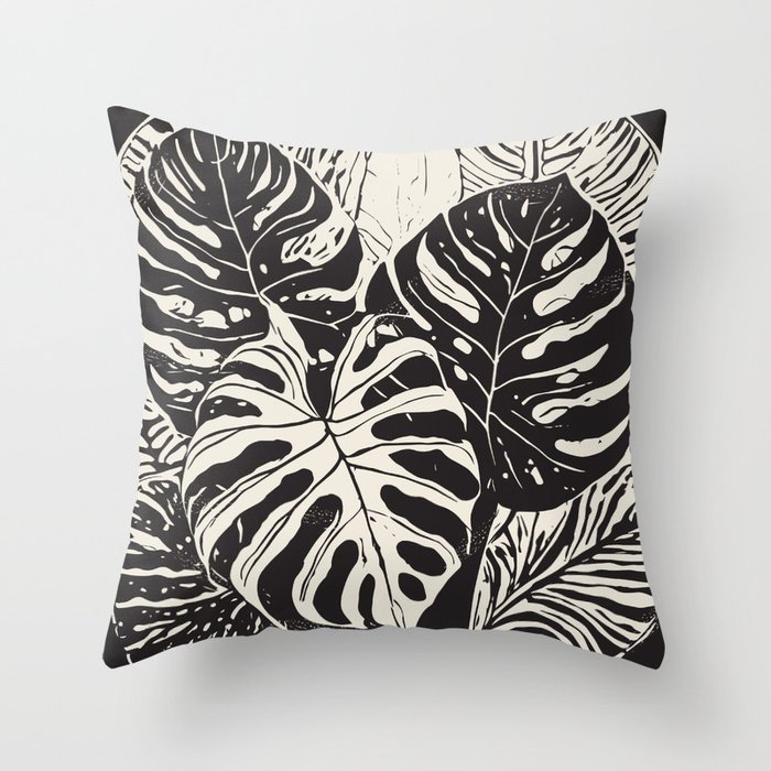 lithograph style Monstera leaves black Throw Pillow