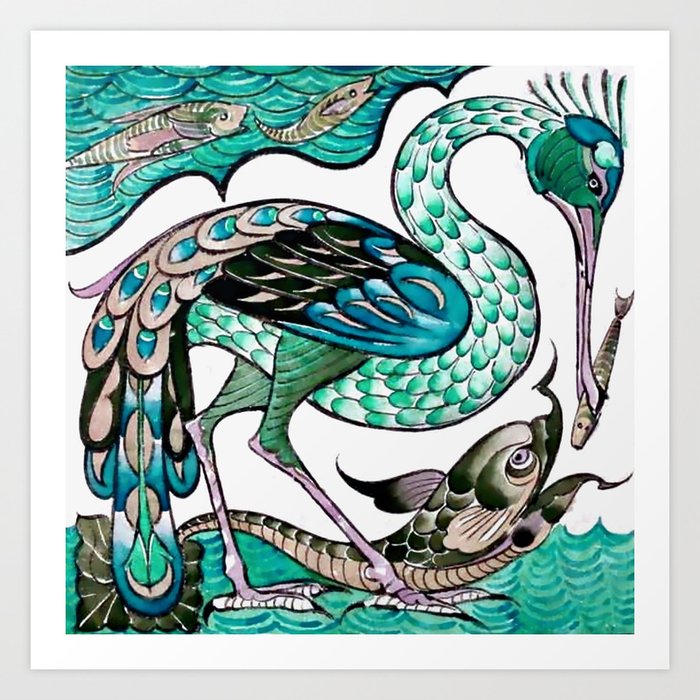 Walter Crane "Heron And Fish Ceramic Tile" (green turquoise) Art Print