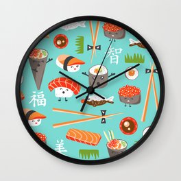 Happy Sushi Wall Clock | Digital, Kawaii, Curated, Turquoise, Pattern, Pop Art, Graphicdesign, Whimsical, Aqua, Vector 
