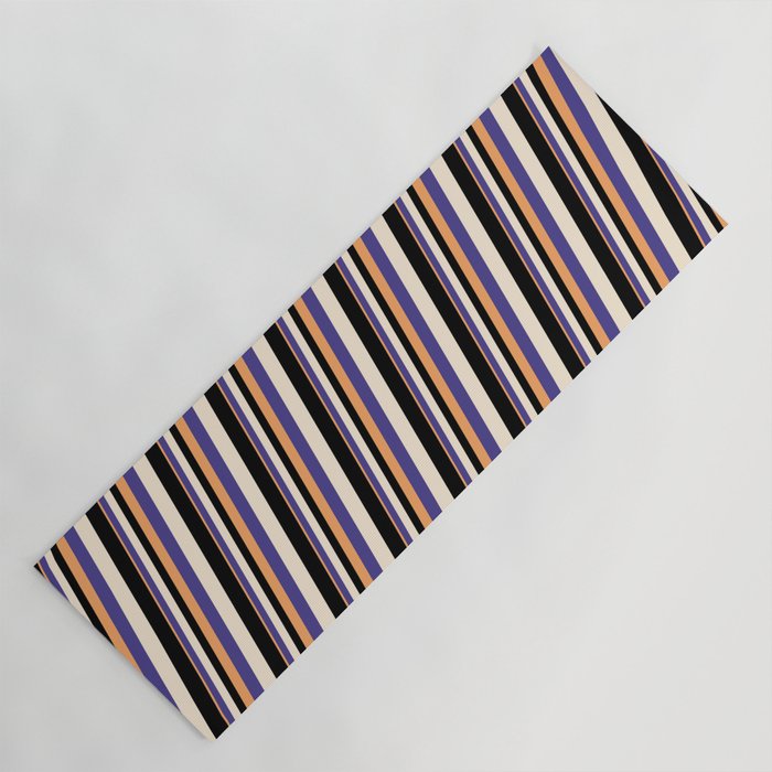 Brown, Dark Slate Blue, Beige & Black Colored Striped Pattern Yoga Mat